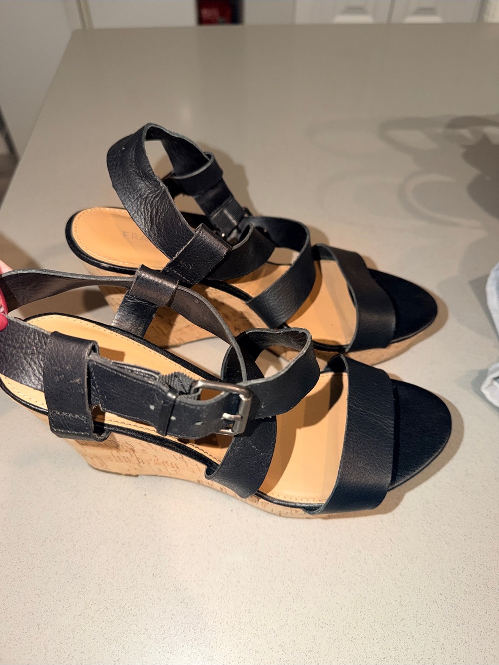 Black Leather Cork Wedge Sandals - size 8.5 - Picture 5 of 6